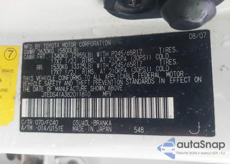 2008 Toyota Highlander from USA, damaged, VIN JTEDS41A382011810